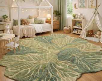 Leaf Shaped Botanical Area Rug – Nature Inspired Green Living Room Carpet