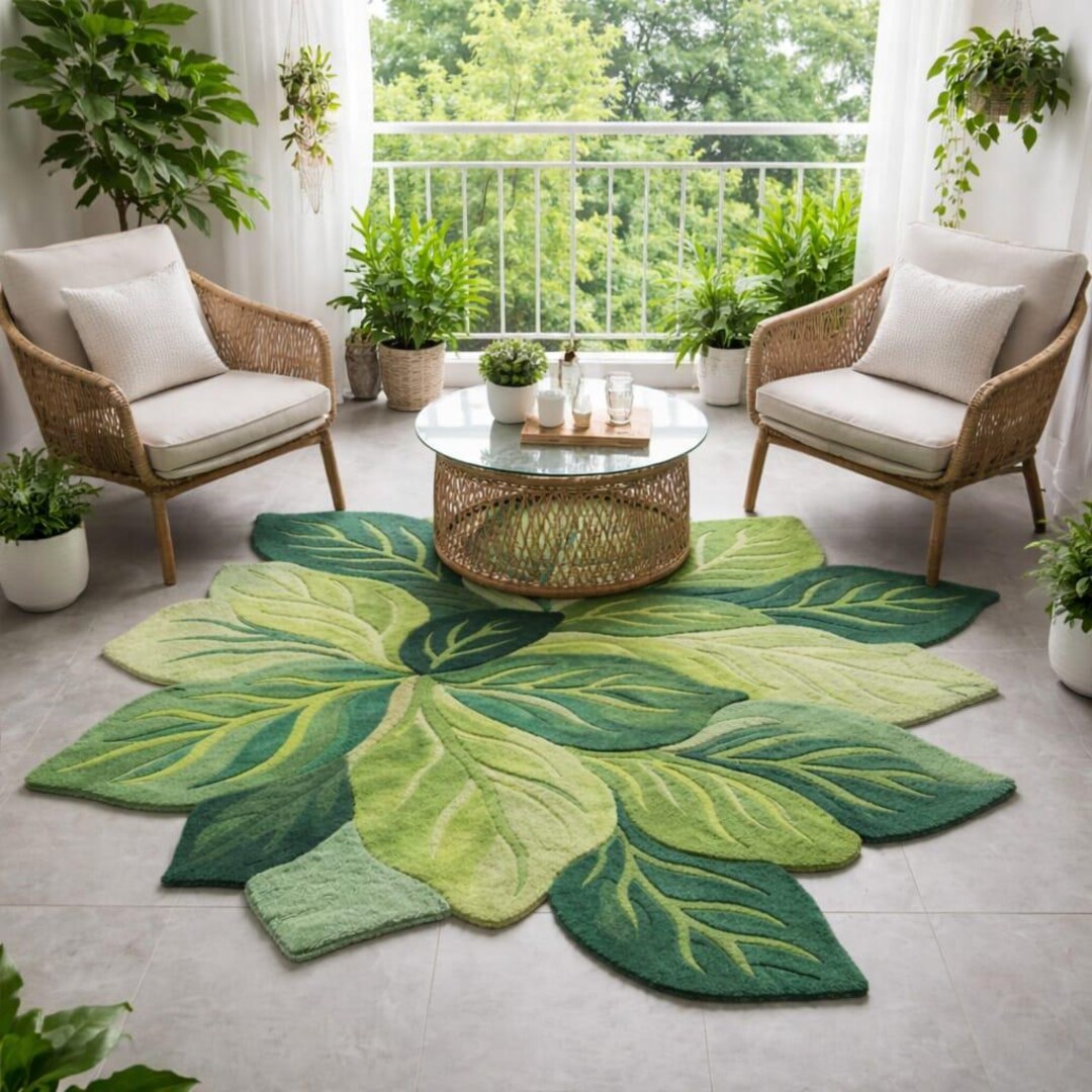 Green Leaf Garden Hand Tufted Rug Nature Inspired Floral Shape Design ...