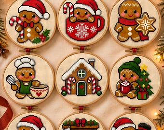 Kerst peperkoek kruissteekpakket PDF, 9 mini-feestpatronen en proeflapje, eenvoudige kerstornamentencollectie