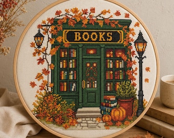 Autumn Bookshop Cross Stitch Pattern PDF, Cozy Fall Bookstore, Pumpkin and Books Counted Cross Stitch Chart, Cottagecore Decor