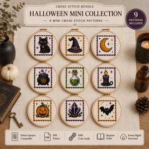 May include: A cross stitch bundle titled Halloween Mini Collection featuring nine circular embroidery hoops. Each hoop contains a square pixel-art style design including a black cat, witch hat, crescent moon, cauldron, potion, candle, pumpkin, crystal, and bat.