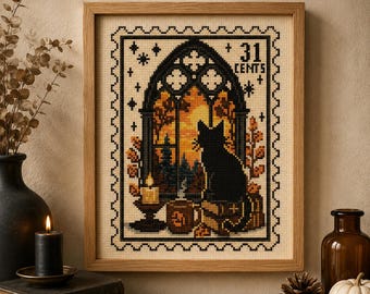 Borduurpatroon voor een zwarte kat in een raam (PDF), gotisch glas-in-lood kat borduurwerk, Halloween heksenachtige decoratie, Dark Academia, direct te downloaden