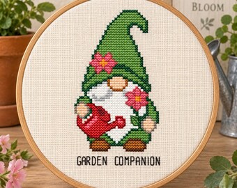 Spring Garden Gnome Cross Stitch Pattern PDF, Pink Flowers and Red Watering Can