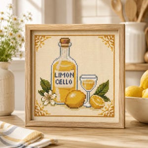 Patrón de punto de cruz de limoncello en PDF, gráfico de bordado de botella de limón, decoración de cocina mediterránea, verano italiano, descarga instantánea.