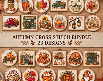 Fall Cross Stitch Bundle, 23 Autumn Patterns with Pumpkins, Coffee, Leaves & Cozy Seasonal Designs