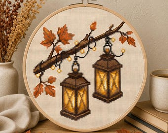 Autumn Lantern Cross Stitch Pattern PDF, Hanging Lanterns with Fall Leaves, Cozy Fall Counted Cross Stitch, Rustic Autumn Decor