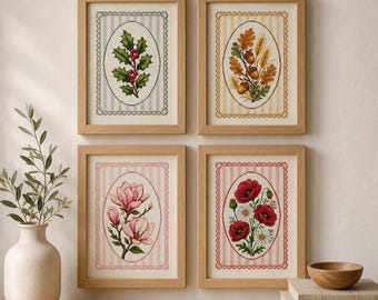 Four Seasons Cross Stitch Bundle PDF, Spring Summer Autumn Winter Embroidery Patterns, Floral Botanical Collection, Instant Download