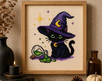 Kruissteekpatroon van een zwarte kat met heksenhoed (PDF), Halloween kruissteekpatroon, gotisch kattenborduurontwerp, heksenhoed, direct te downloaden.