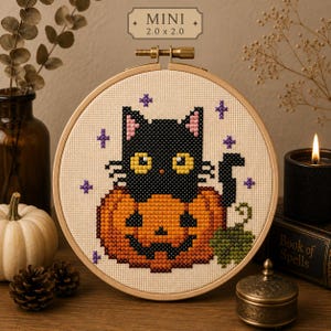 May include: A cross-stitch embroidery in a round wooden hoop featuring a black cat sitting inside an orange jack-o'-lantern. The design includes small purple cross-stitch stars on a cream fabric background. A label at the top reads MINI 2.0 x 2.0.
