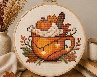 Cozy Fall Cross Stitch Pattern PDF, Autumn Mug with Pumpkins and Books, Small Hygge Embroidery Design, Beginner Instant Download