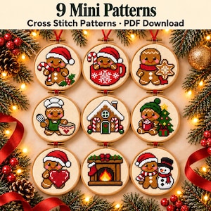 Christmas Gingerbread Cross Stitch Bundle PDF, 9 Mini Holiday Patterns and Sampler, Easy Christmas Ornament Collection