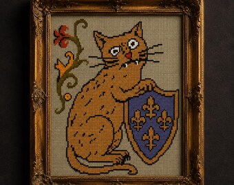 Middeleeuwse ridderkat kruissteekpatroon PDF, grappige kat met schild, middeleeuws manuscript borduurwerk, koninklijke kattendecoratie, direct te downloaden