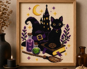 Kruissteekpatroon van een zwarte kat (PDF), heksenachtig kruissteekpatroon, gotisch Halloween-borduurwerk, Dark Academia-decoratie, magische kat, direct te downloaden