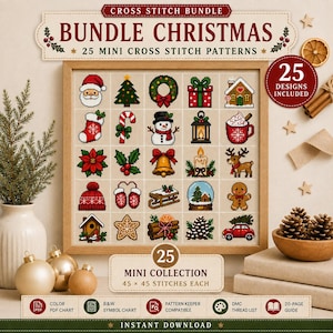 25 Christmas Mini Cross Stitch Patterns Bundle, Small Holiday Ornaments PDF, Christmas Icons, Beginner Counted Cross Stitch Set