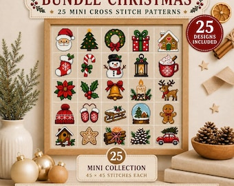 25 Christmas Mini Cross Stitch Patterns Bundle, Small Holiday Ornaments PDF, Christmas Icons, Beginner Counted Cross Stitch Set