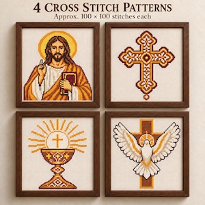 May include: Four cross stitch patterns in dark wood frames. The text reads 4 CROSS STITCH PATTERNS Approx. 100 x 100 stitches each. Designs include a figure with a halo, an ornate cross, a chalice with rays, and a dove in front of a cross.