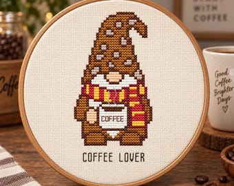 Coffee Gnome Cross Stitch Pattern, Cozy Coffee Lover Gnome PDF