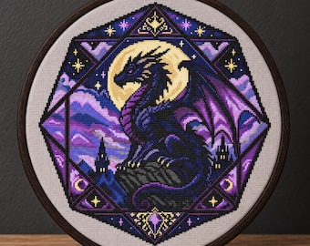 Dragon Cross Stitch Pattern PDF, Gothic Fantasy Dragon Embroidery, Moon Dragon, Dark Academia Decor, Witchcore Wall Art