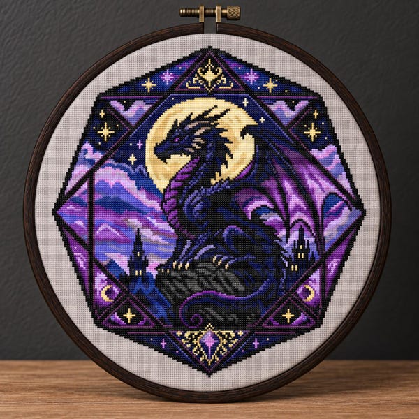 Draak kruissteekpatroon PDF, Gotische fantasie draak borduurwerk, Maandraak, Dark Academia decoratie, Witchcore muurdecoratie