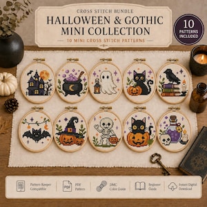 Paquete de mini patrones de punto de cruz de Halloween en PDF, 10 patrones espeluznantes: gato negro, casa embrujada, fantasma, cuervo, murciélago, esqueleto, decoración de bruja.