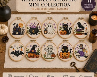Halloween Mini Cross Stitch Bundle PDF, 10 Spooky Patterns, Black Cat, Haunted House, Ghost, Raven, Bat, Skeleton, Witch Decor