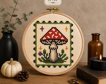 Mushroom Cross Stitch Pattern PDF, Cottagecore Mushroom Embroidery, Woodland Halloween Decor, Mini Cross Stitch, Instant Download