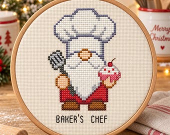Baker Gnome Cross Stitch Pattern with Chef Hat, Spatula and Cherry Cupcake