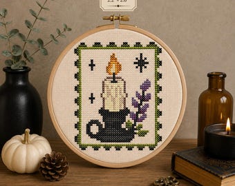 Halloween kaars kruissteekpatroon PDF, griezelige kaarsborduurwerk, gotische herfstdecoratie, heksen mini kruissteek, direct te downloaden