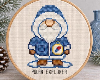 Winter Gnome Cross Stitch Pattern: Blue Parka Polar Explorer with Compass