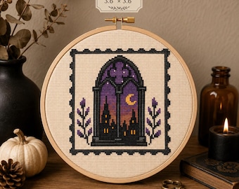 Gothic Window Cross Stitch Pattern PDF, Gothic Cathedral Embroidery, Dark Academia Decor, Witchcore Halloween Stitch, Instant Download