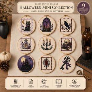 Puede incluir: Un conjunto de punto de cruz Halloween Mini Collection que incluye nueve bastidores circulares con diseños de un gato negro, ventana gótica, cuervo, frasco de poción, candelabro, calavera sobre libros, castillo, marco ornamentado y una llave antigua.