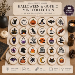 May include: A collection of 30 mini cross stitch patterns featuring Halloween and gothic themes, including a black cat, ghost, pumpkin, witch hat, bat, spider web, skull, candle, coffin, potion, tree, cupcake, candy corn, tombstone, and lantern.