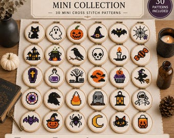 Halloween Mini Kruissteekpakket PDF, 30 Eenvoudige Minipatronen + Groot Voorbeeldpatroon, Beginnersvriendelijk, Leuk en griezelig borduurwerk