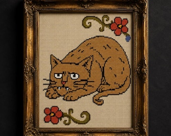 Middeleeuws kattenborduurpatroon (PDF), hurkende kat, grappige dierenkunst in manuscriptstijl, gothic bloemendecoratie, direct te downloaden