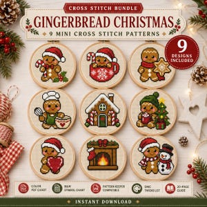 Puede incluir: Un conjunto de punto de cruz titulado Gingerbread Christmas con 9 mini patrones en bastidores de madera. Los diseños incluyen figuras de pan de jengibre con bastones de caramelo, una taza, una estrella, un chef, una casa, un árbol, un corazón, una chimenea y un muñeco de nieve.
