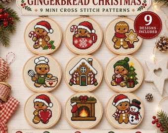 Kerst mini kruissteekpakket PDF, 9 peperkoekpatronen, kerstornamentenset, schattige kerstdecoratie, direct te downloaden patroon