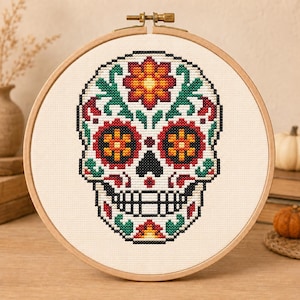 Día de los Muertos Cross Stitch Pattern, Floral Sugar Skull Calavera Digital PDF