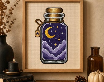 Borduurpatroon voor een magische fles (PDF), Maanpatroon, Heksenachtige decoratie, Gotische toverdrankfles, Dark Academia, Direct te downloaden