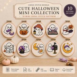 Może przedstawiać: Zestaw do haftu krzyżykowego zatytułowany Cute Halloween Mini Collection zawierający 10 okrągłych tamborków. Każdy tamborek przedstawia małego duszka w różnych scenach związanych z Halloween, w tym dynie, kulę kryształową i półksiężyc.