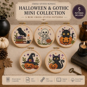May include: A cross stitch bundle titled Halloween & Gothic Mini Collection featuring five circular embroidery hoops with stitched designs of a crow on books, a skeleton, a cat in a pumpkin, a witch hat on pumpkins, and a cat with a pumpkin.