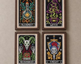 4 Tarot Card Cross Stitch Patterns Bundle, Witch Alchemist Necromancer Knight PDF Set
