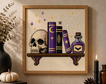 Kruissteekpatroon 'Schedel op een plank' (PDF), gotische boeken en toverdrankfles, Dark Academia-borduurwerk, Halloween-decoratie