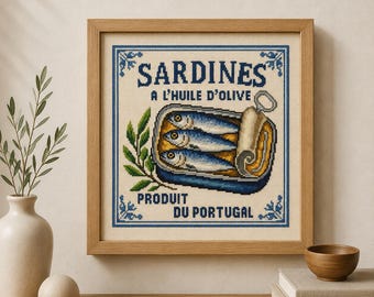 Borduurpatroon voor sardines (PDF), Portugese sardines borduurwerk, mediterrane keukendecoratie, vintage wanddecoratie met visblikje
