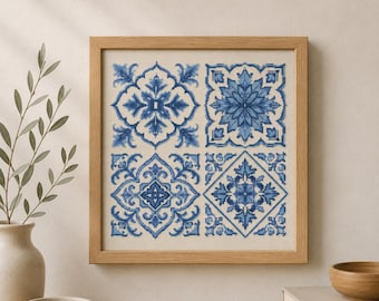 Portugees tegel kruissteekpatroon PDF, blauw azulejo borduurpatroon, Delfts blauwe tegel, geometrisch telpatroon voor kruissteek, direct te downloaden