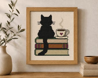Black Cat Cross Stitch Pattern PDF, Cat and Books Embroidery Pattern, Cozy Reader Cross Stitch, Book Lover Gift, Coffee, Instant Download
