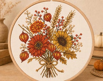 Autumn Flower Bouquet Cross Stitch Pattern, Fall Floral Counted Cross Stitch PDF, Sunflower and Physalis Botanical Pattern