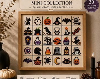 30 mini-kruissteekpatronen voor Halloween, schattige griezelige ontwerpen, kleine borduurmotieven, telkruissteek, direct te downloaden