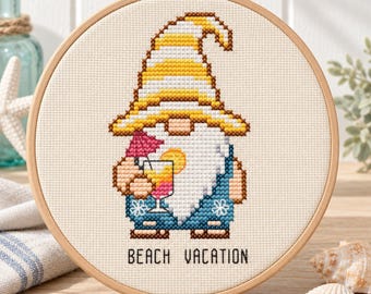 Beach Gnome Cross Stitch Pattern, Summer Vacation Gnome PDF