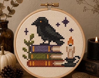 Raven Cross Stitch Pattern, Halloween Crow on Books, Gothic Mini Cross Stitch PDF, Spooky Witchy Decor