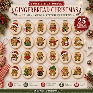 Julpepparkaks-korsstygnspaket i PDF-format, 25 mini-pepparkaksmönster, söta julgranskulor, julkaksamling